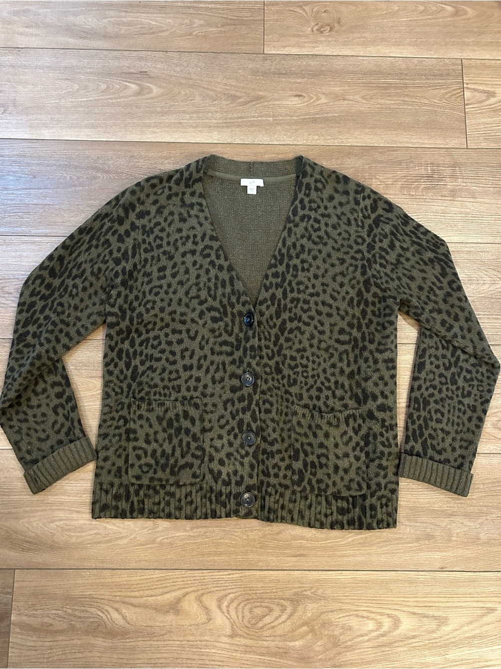 J.Jill Leopard Print Olive Green Button Front Cardigan Sweater Small
